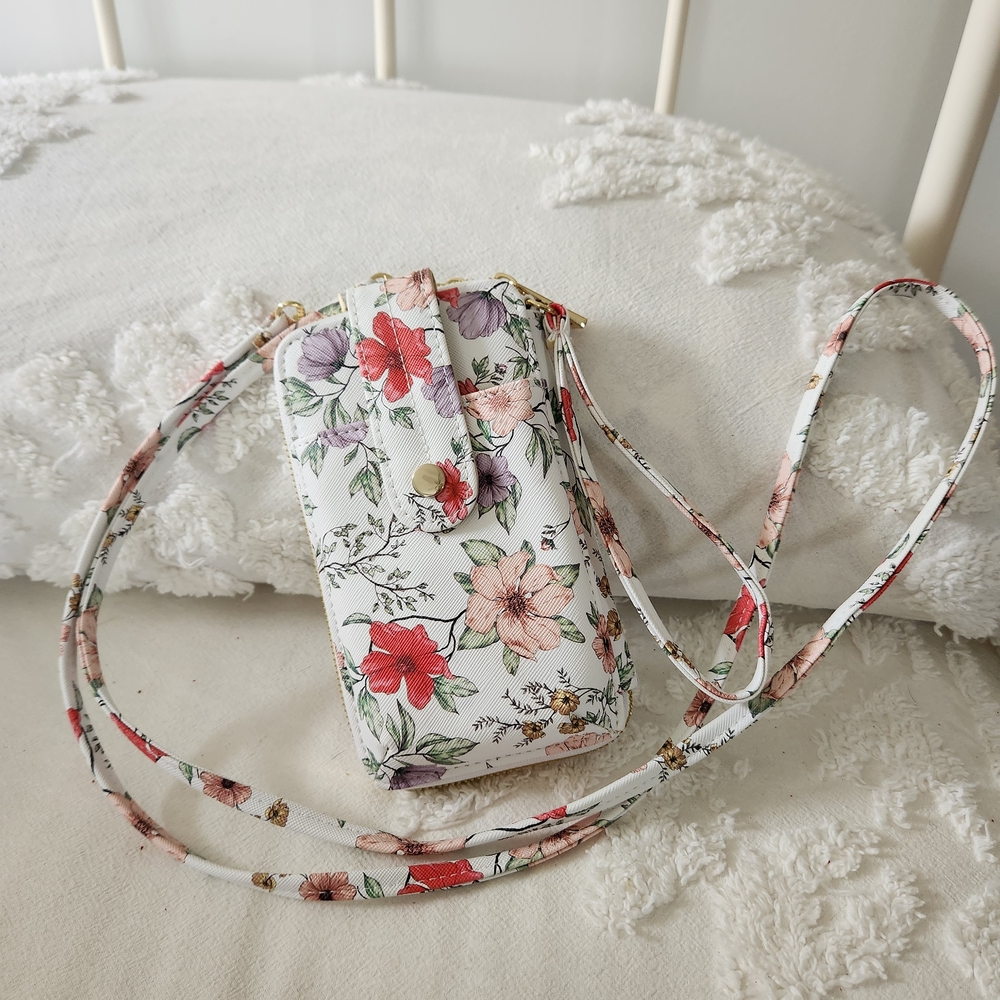 White Floral Crossbody Phone Bag with Adjustable Strap